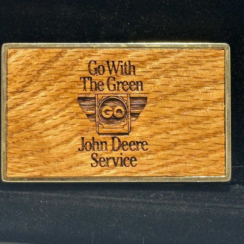 Vintage 1986 John Deere Go With The Green Service Wood Advertising Belt Buckle